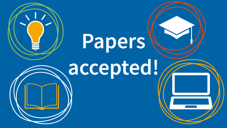text "Papers Accepted!" surrounded by illustrations of a lightbulb, a graduation cap, an open book and an open laptop