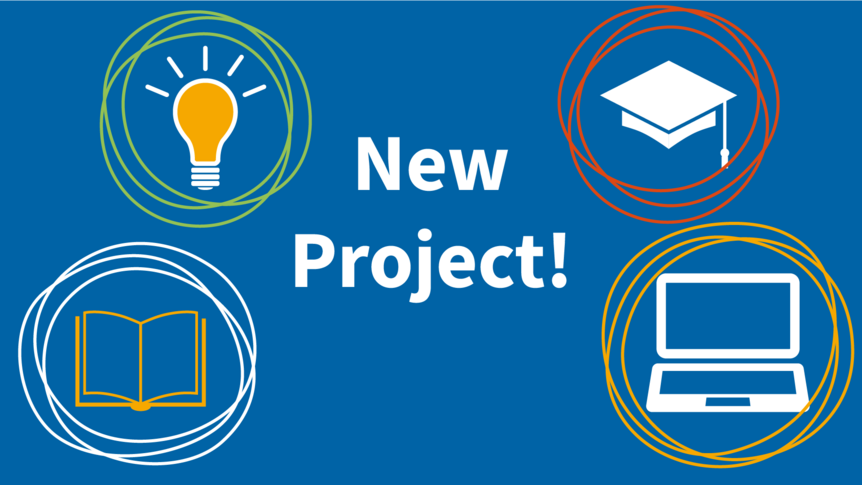 text 'New Project!' surrounded by illustrations of a lightbulb, a graduation cap, an open book and an open laptop