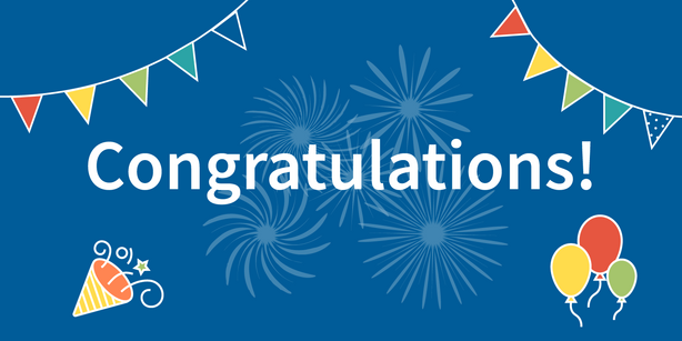 white text "Congratulations" on blue background with drawings of colourful balloons, streamers and party poppers