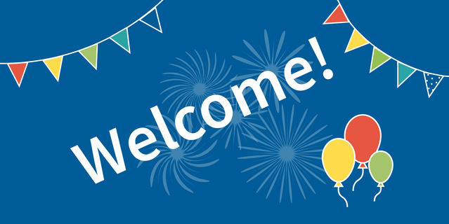 text "Welcome!" surrounded by illustrations of streamers, balloons and fireworks