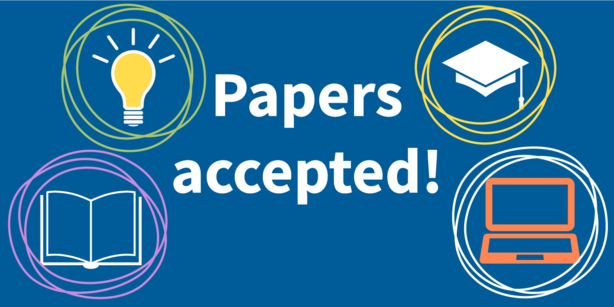 text "Papers Accepted!" surrounded by illustrations of a lightbulb, a graduation cap, an open book and an open laptop