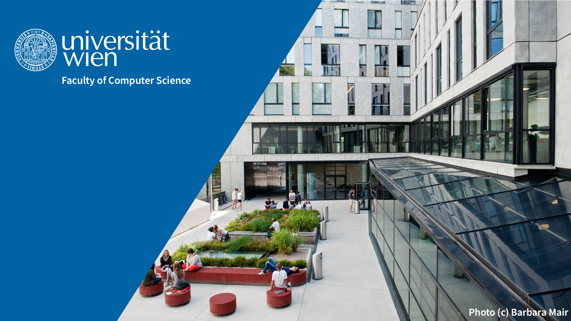 outside view of building and courtyard with several people sitting; blue textbox overlay with logo of the University of Vienna