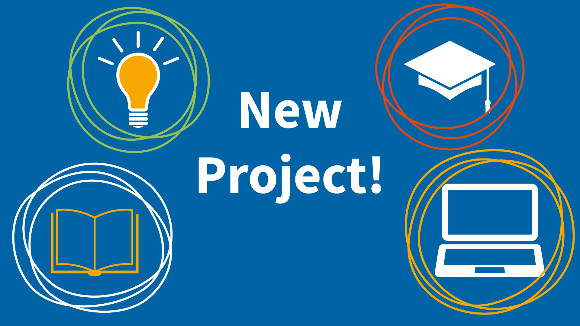 text 'New Project!' surrounded by illustrations of a lightbulb, a graduation cap, an open book and an open laptop